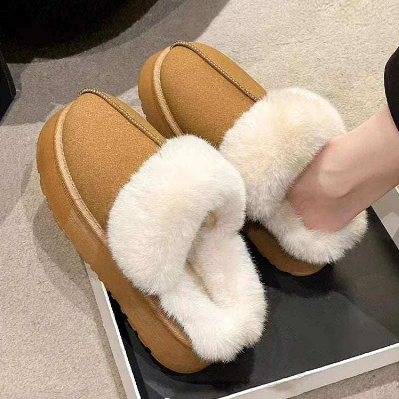 Winter Plush Cotton Slippers Women Flats Shoes New Platform Casual Home Suede Fur Warm Slingback Flip Flops